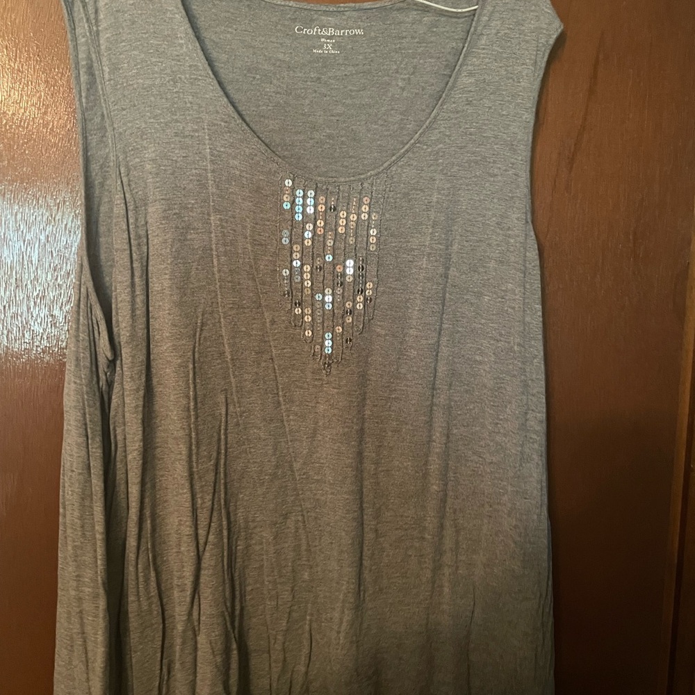 Croft & Barrow Gray Embellished Sleeveless Tank Top